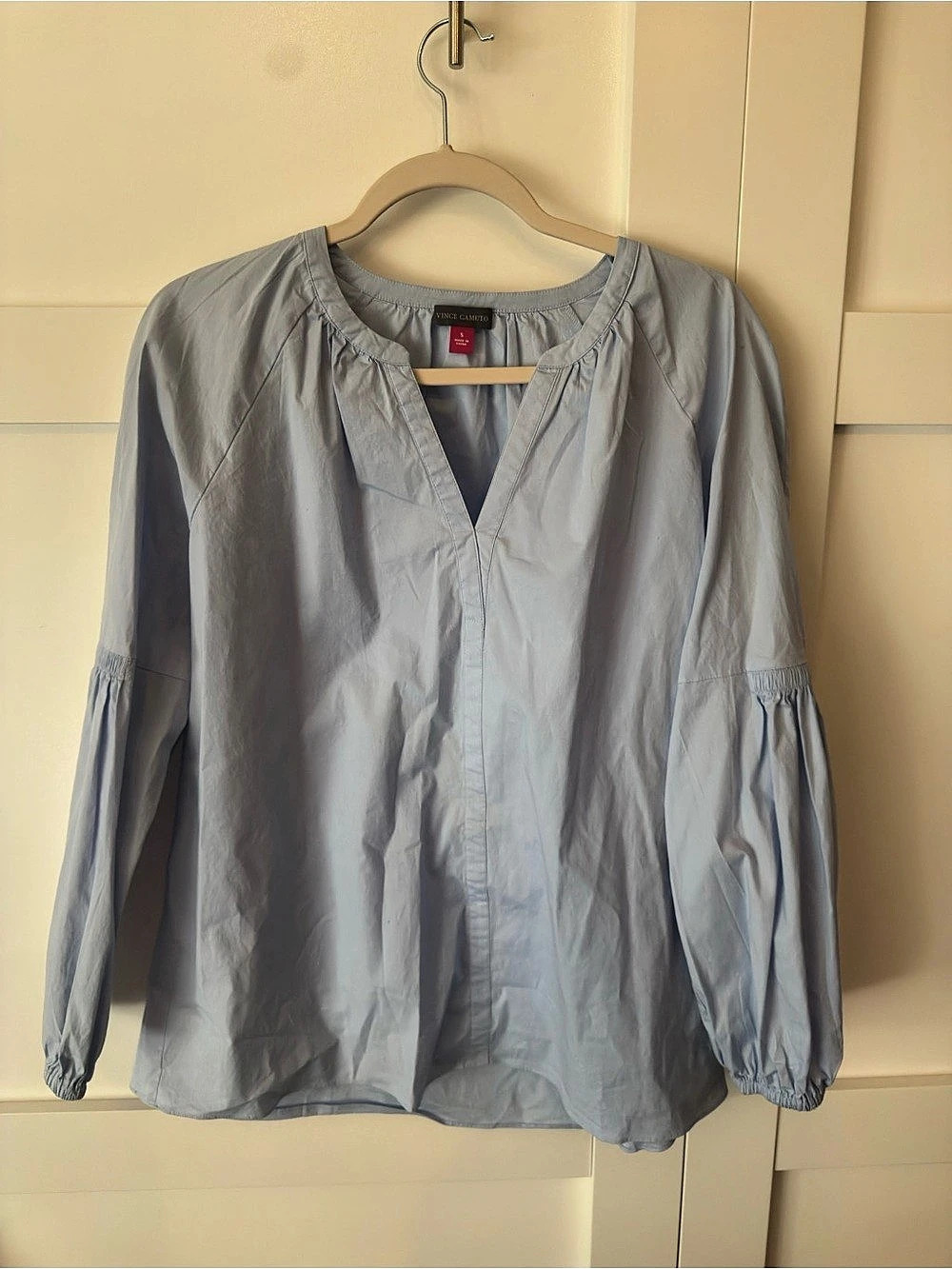 Vince Camuto Split-Neck Long-Sleeve Cotton Blouse with Smocked Cuffs Blue Blouse